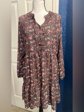 American Eagle Outfitters Floral Tiered Long-Sleeve Dress - Pink, Black, White